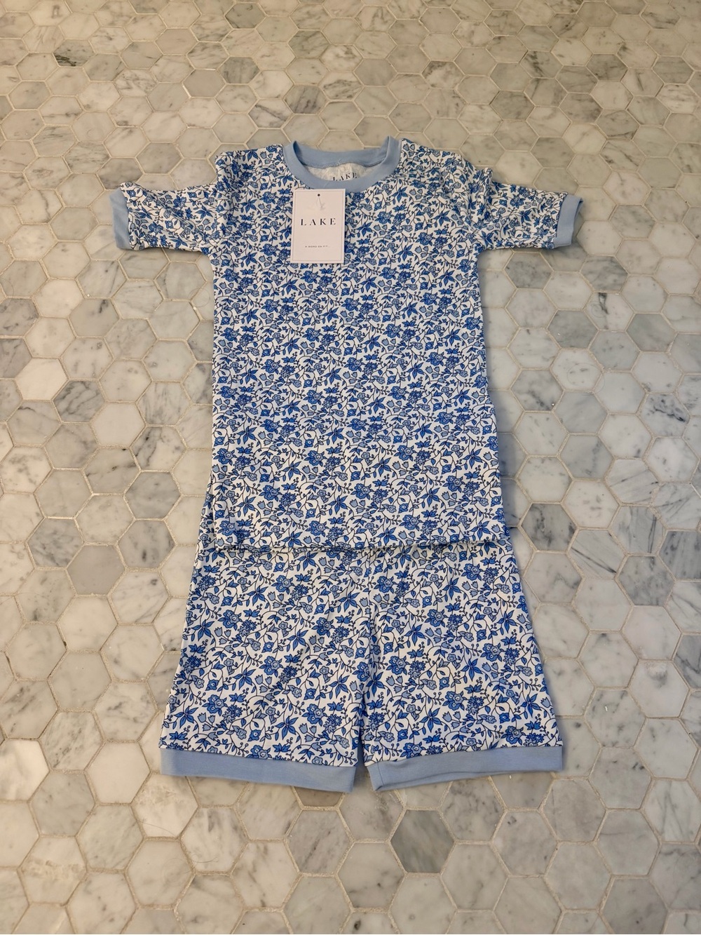 LAKE Blue Floral Kids Pajama Set in Delft Blue Garden Floral with Short Sleeves